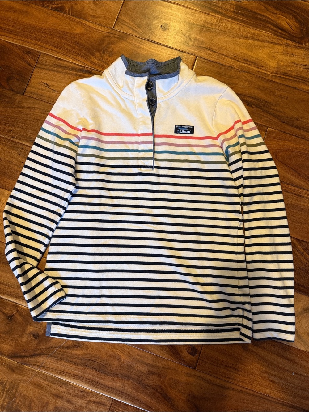 L.L. Bean White Half-Zip Pullover with Navy and Rainbow Stripes, small, EUC